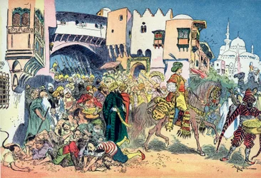 Aladdin andando pelas ruas da cidade e atirando dinheiro desperta-o Ilustração de Albert Robida (1848-1926) para o conto "Aladin e a maravilhosa lâmpada" em "les mille et une nuits" (Ilustração para o conto "Aladdin" em "The Book of One Tho