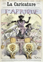 Desenho animado sobre o colonialismo em África "Grande desempacotamento das novidades coloniais africanas, faça a sua escolha! Um continente inteiro para partilhar, grandes ocasiões, fatias do Congo, pedaços da Guiné" de Robida - em "La Caricature" de 02/0