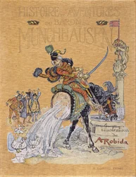 Capa de "Histórias e Aventuras do Barão de Munchausen" (Munchhausen) ilustrada por A. Robida (1848 - 1926).