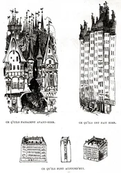 Crítica da fealdade da construção moderna em Paris com a arquitetura do passado, do presente e do futuro