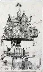 O desenho mostra uma estrutura de habitação elevada acima dos telhados e concebida para girar e ajustar-se em várias direcções, desenho de Albert Robida c. 1883