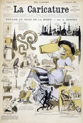 Edição com mulher bebendo uma caneca de cerveja de Robida - couv. em "La caricature" de 4/9/1880.