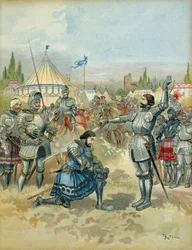 Quinta Guerra Italiana (1515-1516): Pierre Terrail de Bayard (1476-1524) armador François 1º (1494-1547) cavaleiro após a batalha de Marignan (Maregnano) (Itália), na noite de 14 de setembro de 1515. Ilustração