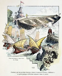 Gulliver e seu gigantesco barco no porto dos Lilliputianos - em "Voyages de Gulliver" de Jonathan Swift (1721), doente. por Robida