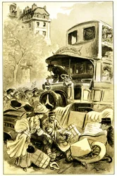 Ilustração de Albert Robida (1848-1926) para o livro de Leon Berthault "Le record du tour du monde", edição Mame estreia século XX (1911) - um acidente de viação em Paris por volta de 1900: carro atropelado por um autocarro. O condutor fica ferido -
