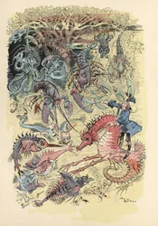 Ilustração de Albert Robida em História e Aventuras do Barão de Munchausen" (Munchhausen), H. Laurens Ed., final do século XIX".