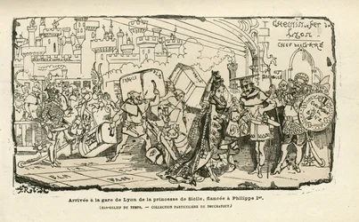 Ilustração de Albert Robida (1848-1926) em Histoire de France tintamarresque, ca. 1880 - Gare, Ancien regime, Sicília - Philippe I