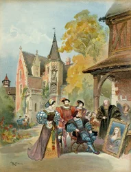 O rei Francisco I (1494-1547) compra a Mona Lisa a Leonardo da Vinci (1452-1519), perto do castelo real de Amboise, entre 1516 e 1519. Ilustração