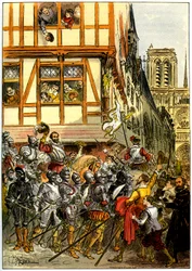 O rei Henrique IV de França é aplaudido pela multidão quando chega a Notre-Dame após a rendição de Paris, a 22 de março