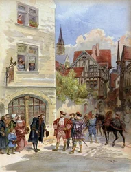 Litteratura. O tipógrafo Robert Estienne recebe o Rei François I na sua casa de impressão, Paris. Ilustração de A. Robida em: Francois 1er, de A. Toudouze, França