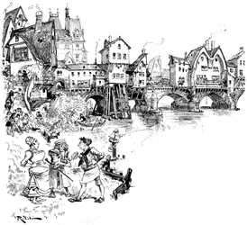 Paris: o Sena, ponte com casas, habitantes, parisienses, cenas da vida parisiense na Idade Média - arquitetura - habitat urbano - rio - ilustração de Albert Robida (1848-1926)