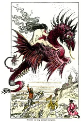 Súcubo: demónio feminino (mulher - feminino) montado num dragão - ilustração de Albert Robida para os Contos Drolatic de Honore de Balzac - início do século XX