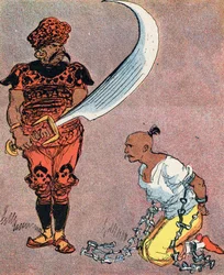 O Sultão ordena cortar a cabeça de Aladino Ilustração de Albert Robida (1848-1926) para o conto "Aladino e a maravilhosa lâmpada" em "les mille et une nuits" (Ilustração para o conto "Aladino" em "O Livro das Mil e Uma Noites ou" O Árabe