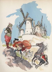 O Barão de Munchausen acaba de atravessar a fronteira egípcia é apanhado por uma tempestade provocada por uma grande figura para fazer correr os 7 moinhos. "Ilustração de Albert Robida - em "História e Aventuras do Barão de Munchausen" (Munchhausen), H. La