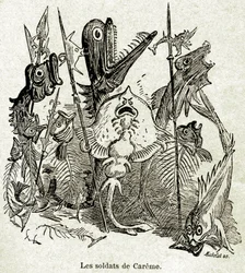 O exército de Quaresmeprenant. Os soldados são representados como peixes, alguns dos quais têm apenas as aretes, por referência à refeição magra (jovem) de Careme. Ilustração de Albert Robida (1848-1926) para um episódio do Quarto Livre de François Rabelai