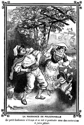 O nascimento de Polichinelo. Desenho de Albert Robida (1848-1926) num livro de leituras infantis 1920-1930.