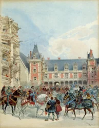 A corte de François I (1494-1547) no castelo real de Blois, antes de 1524. Ilustração
