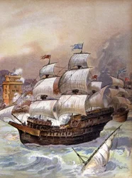 A frota de Jean Ango bloqueia o Tejo e ameaça Lisboa, c.1909 (ilustração)