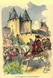 O rei de França François I chega a cavalo em frente da Cite de Carcassonne, Porte Narbonnaise. Ilustração de Albert Robida (1848-1926): frontispício do livro "Le tresor de Carcassonne" primeira edição H. Laurens 1921.