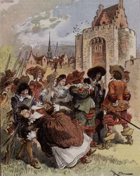 A timidez do Capitão Bellormeau - "Madame de Malicorne caiu nos braços de um sargento". Personagem do livro de Albert Robida. Capa "O Pequeno Francês ilustrado" de 20/01/1900.
