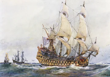 Navio francês de primeira ordem no tempo de Colbert (século XVII), aguarela de Albert Sebille (1874-1953)