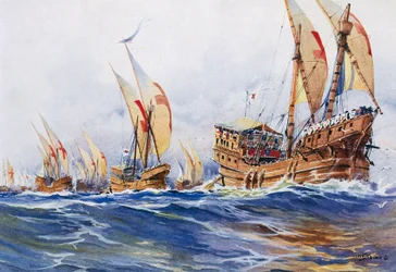 Navios franceses do rei Luís IX durante a oitava cruzada em 1268, aguarela de Albert Sebille (1874-1953)