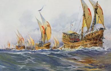 Navios franceses de Saint-Louis durante a Oitava Cruzada em 1268 (litografia a cores)