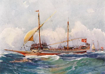 Galé de Malta com vento nas velas (século XVII), aguarela de Albert Sebille (1874-1953)