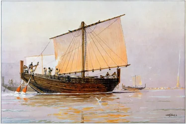 Navio comercial fenício à chegada a Pharos (litografia a cores)
