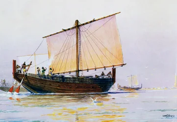Navio mercante fenício chegando a Pharos, aquarela de Albert Sebille (1874-1953), século XX