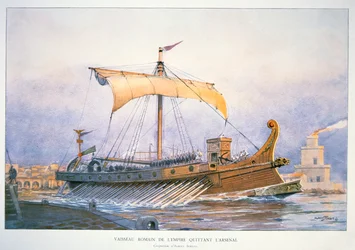 Navio imperial romano a sair do porto, c.1930 (litografia a cores)