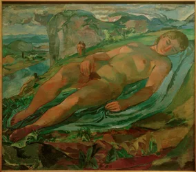 Deitado em uma paisagem de montanha (antiga mãe terra)