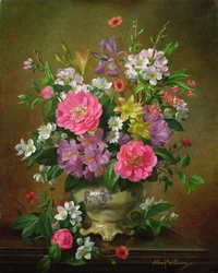 Flor, íris e peônias em um vaso de cerâmica (A31)