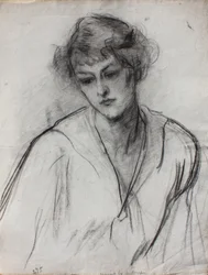 Metade comprimento, retrato, de, um, menina jovem, inclinar-se, c.1910, (black, chalk on paper)