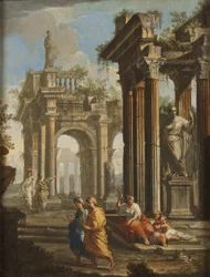 Peregrinos ao lado de edifícios clássicos, c.1710