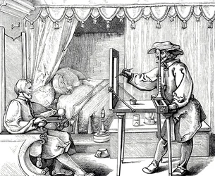 Uma gravura de xilogravura representando um artista usando um auxílio de desenho para obter as proporções de um retrato correto. Gravura de Albrecht Dürer (1471-1528), pintor, gravador e teórico da Renascença alemão.