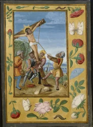 Folha de um Livro de Horas: A Elevação da Cruz, c. 1510-1520 (têmpera e ouro líquido sobre velino)