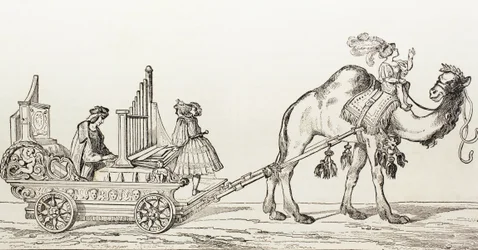 O Organista Paul Hoffaner Tocando em um carro desenhado por um camelo, c.1880 (gravura)