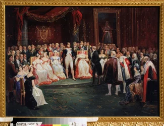 "A Recepção do Imperador Napoleão Bonaparte (1769-1821)": Georges Cuvier (1769-1832), de pé perante Napoleão, foi nomeado Chevalier de la Legion d