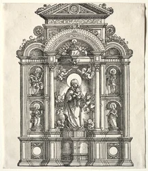 Grande altar com a Virgem, em uma fronteira com a SS. Christopher, George, Barbara, Catherine, 1520.