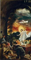 A ressurreição de Cristo Ele segura uma vara cruz no final da qual flutua uma bandeira branca (padrão). Pintura de Albrecht Altdorfer (ca. 1480-1538) 1518 Dim. 70x37 cm Vienna Kunsthistorisches Museum