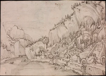 Vista de Sarmingstein no Danúbio (Áustria) - Desenho de Albrecht Altdorfer (por volta de 1480-1538)