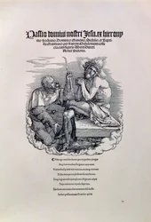 Um soldado romano zombando de Cristo, com o nome do artista em latim acima, e abaixo de um poema repreendendo o homem por seus pecados, título da série The Great Passion, pub. 1511