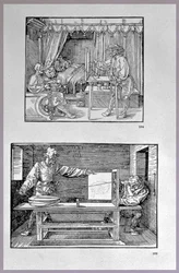 Aparelho para traduzir objetos tridimensionais em desenhos bidimensionais, duas cenas do primeiro livro técnico de artistas Introdução na Arte de Medição com Bússola e Régua, escrito