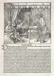 Artista a usar a máquina de desenhar de Dürer para pintar uma figura, de «Curso da Arte do Desenho» de Albrecht Dürer, publicado em Nuremberga em 1525