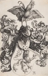 Brasão com um leão e um galo