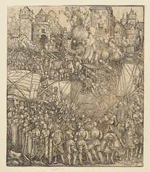 O Arco do Triunfo do imperador Maximiliano I (fragmento de 24b): A cena de batalha no canto superior esquerdo