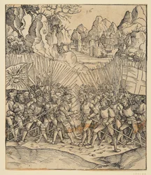 O Arco triunfal do imperador Maximiliano I (fragmento de 24b): A cena de batalha em baixo à esquerda