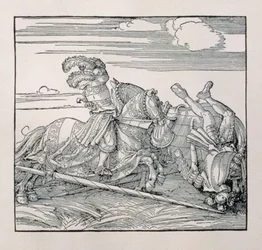 O imperador Maximiliano I da Alemanha (1459-1519) desmonta um oponente em uma justa, de um livro inédito que glorifica os atos cavalheirescos dos Imperadores, c.1515