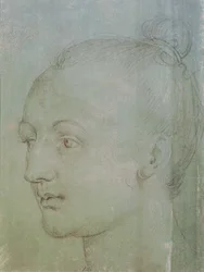 Cabeça de uma jovem mulher (giz preto aumentado com giz branco sobre papel verde)